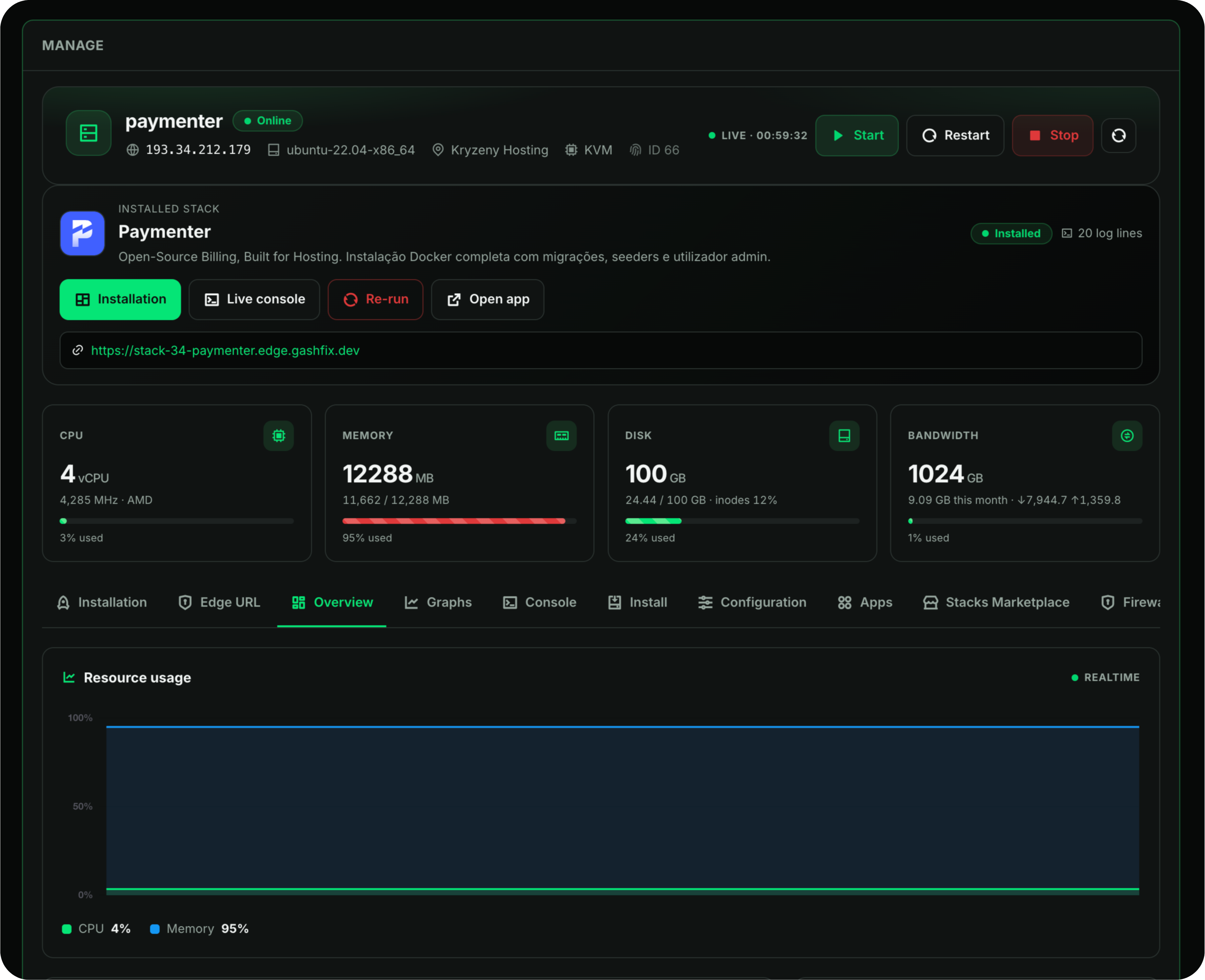 Client panel — manage instances without leaving billing